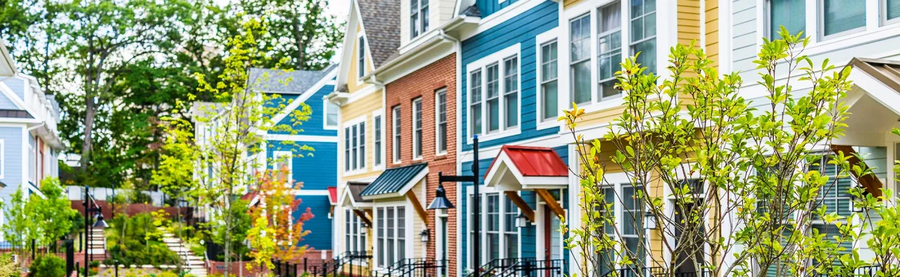 rows of colorful townhomes