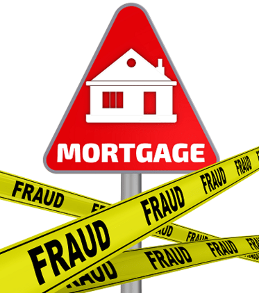 red triangular shape with word mortgage and yellow tape wrapped around reading fraud