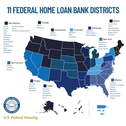 US map showing the states associated with each of the 11 Federal Home Loan Bank Districts